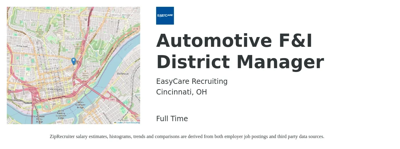 EasyCare Recruiting job posting for a Automotive F&I District Manager in Cincinnati, OH with a salary of $67,500 to $148,000 Yearly with a map of Cincinnati location.