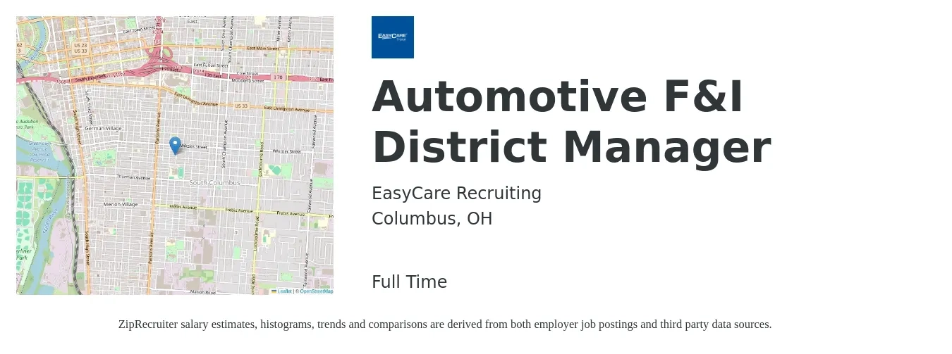 EasyCare Recruiting job posting for a Automotive F&I District Manager in Columbus, OH with a salary of $67,600 to $148,300 Yearly with a map of Columbus location.