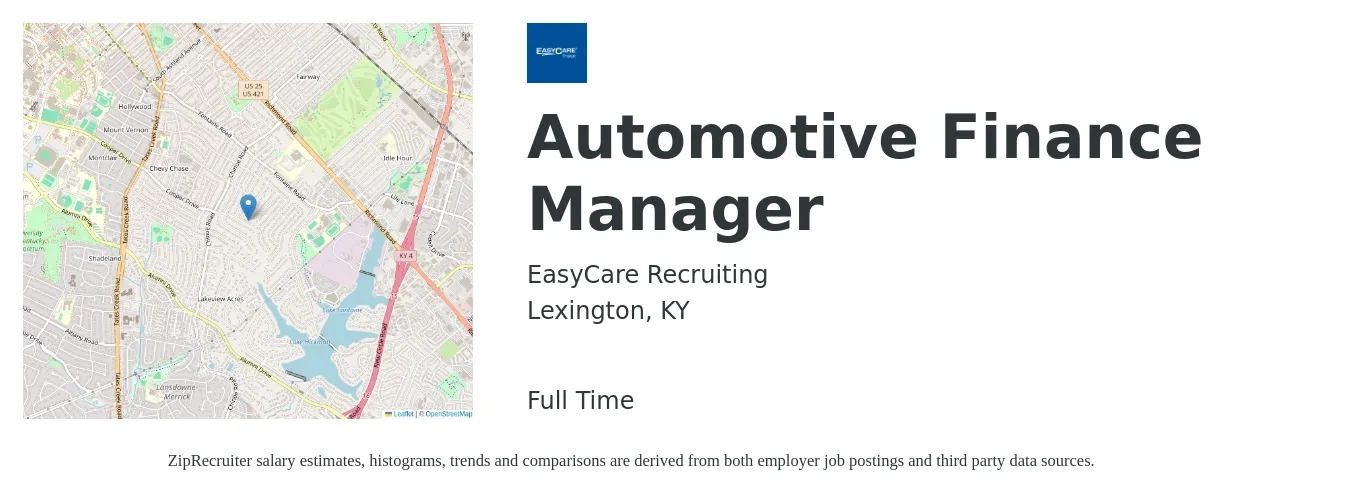 EasyCare Recruiting job posting for a Automotive Finance Manager in Lexington, KY with a salary of $105,000 to $171,500 Yearly with a map of Lexington location.