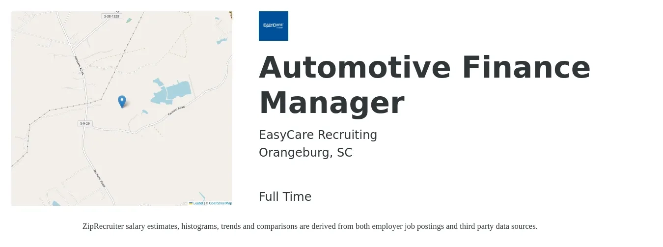 EasyCare Recruiting job posting for a Automotive Finance Manager in Orangeburg, SC with a salary of $102,400 to $167,200 Yearly with a map of Orangeburg location.