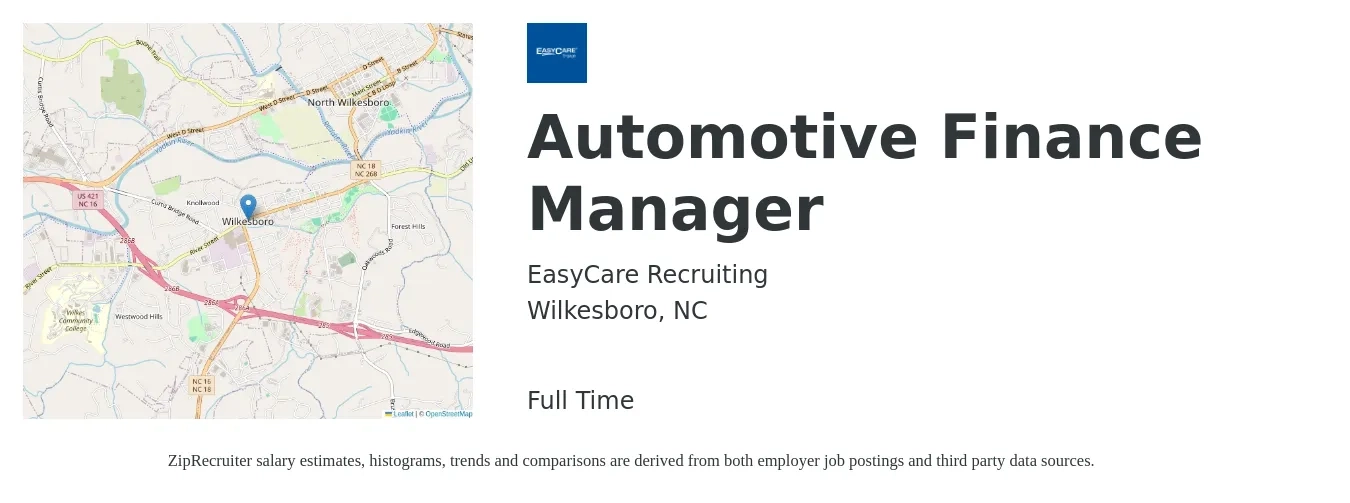 EasyCare Recruiting job posting for a Automotive Finance Manager in Wilkesboro, NC with a salary of $97,000 to $158,500 Yearly with a map of Wilkesboro location.