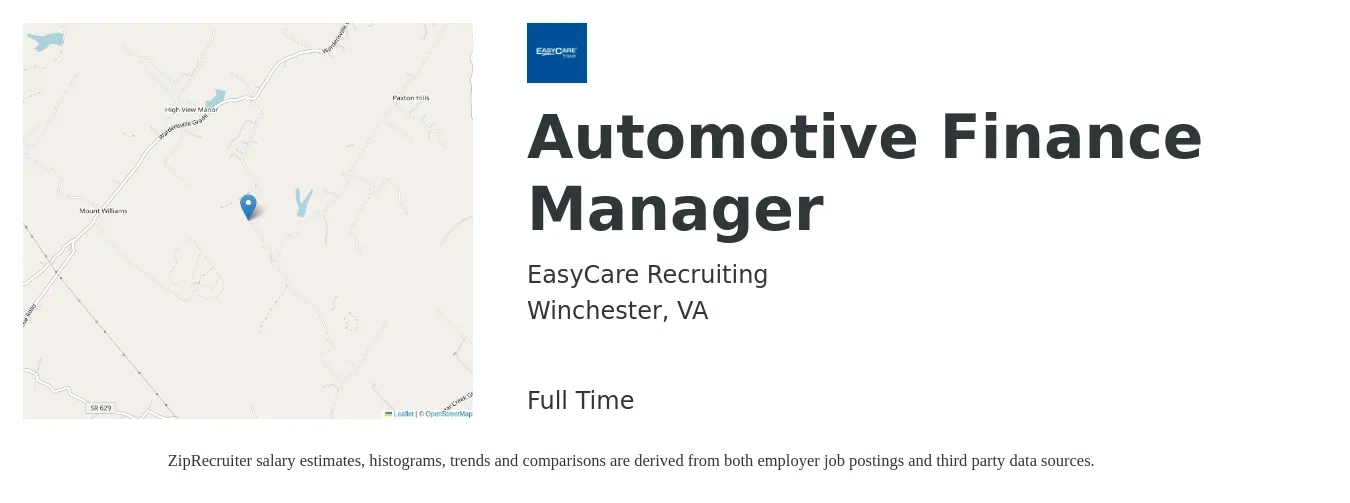 EasyCare Recruiting job posting for a Automotive Finance Manager in Winchester, VA with a salary of $103,500 to $169,000 Yearly with a map of Winchester location.