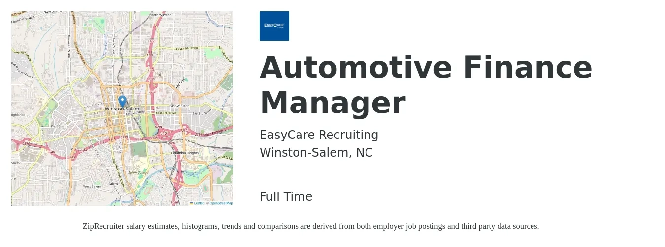 EasyCare Recruiting job posting for a Automotive Finance Manager in Winston-Salem, NC with a salary of $91,600 to $149,700 Yearly with a map of Winston-Salem location.