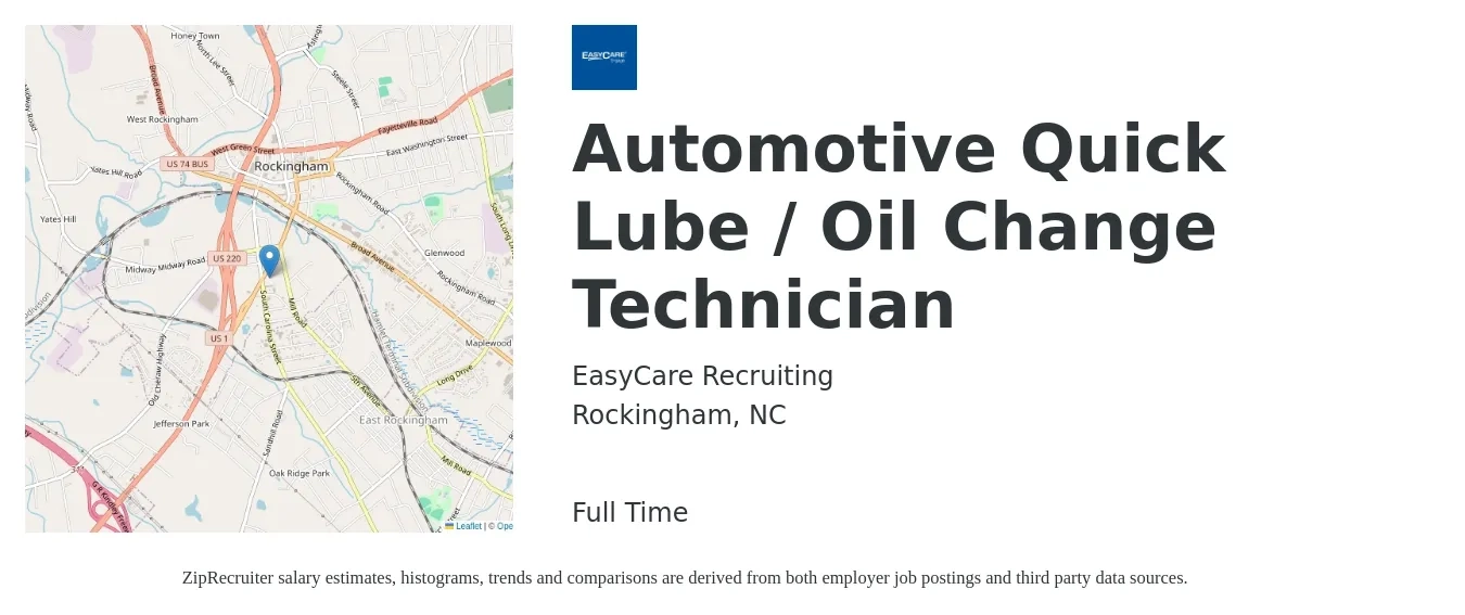 EasyCare Recruiting job posting for a Automotive Quick Lube / Oil Change Technician in Rockingham, NC with a salary of $12 to $16 Hourly with a map of Rockingham location.
