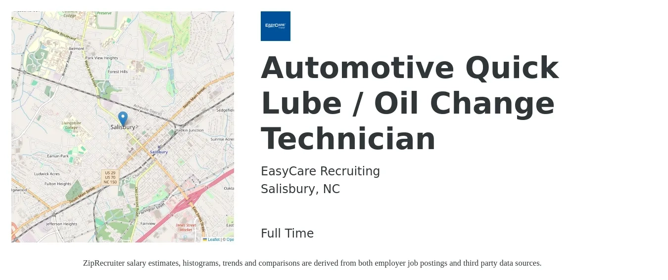EasyCare Recruiting job posting for a Automotive Quick Lube / Oil Change Technician in Salisbury, NC with a salary of $13 to $18 Hourly with a map of Salisbury location.