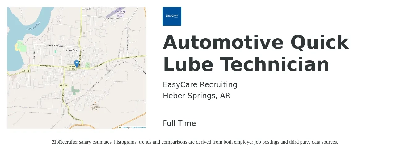EasyCare Recruiting job posting for a Automotive Quick Lube Technician in Heber Springs, AR with a salary of $12 to $16 Hourly with a map of Heber Springs location.