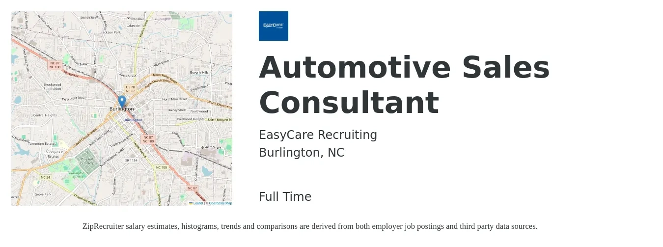 EasyCare Recruiting job posting for a Automotive Sales Consultant in Burlington, NC with a salary of $34,200 to $66,800 Yearly with a map of Burlington location.
