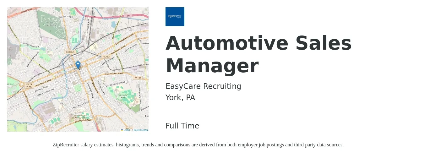 EasyCare Recruiting job posting for a Automotive Sales Manager in York, PA with a salary of $61,000 to $130,400 Yearly with a map of York location.