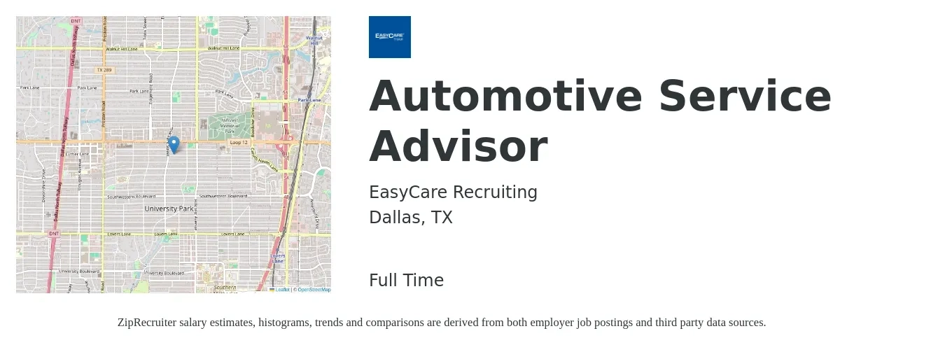 EasyCare Recruiting job posting for a Automotive Service Advisor in Dallas, TX with a salary of $19 to $31 Hourly with a map of Dallas location.