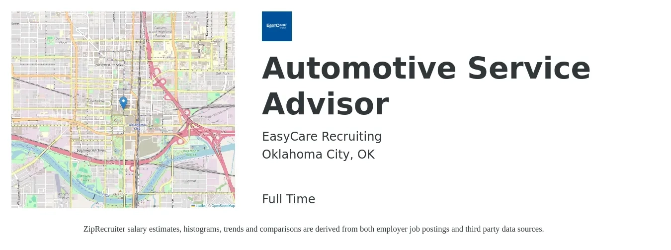 EasyCare Recruiting job posting for a Automotive Service Advisor in Oklahoma City, OK with a salary of $18 to $29 Hourly with a map of Oklahoma City location.