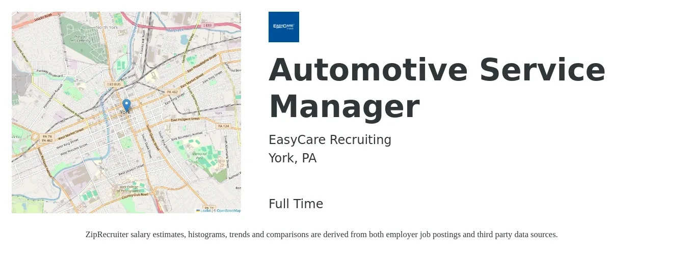EasyCare Recruiting job posting for a Automotive Service Manager in York, PA with a salary of $55,100 to $79,700 Yearly with a map of York location.
