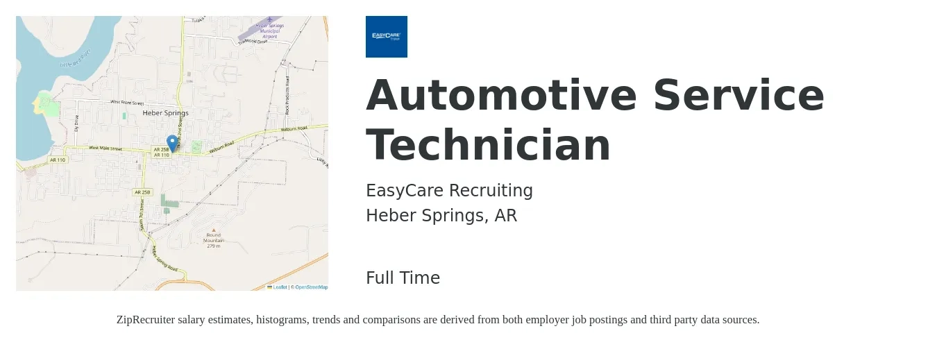 EasyCare Recruiting job posting for a Automotive Service Technician in Heber Springs, AR with a salary of $16 to $26 Hourly with a map of Heber Springs location.