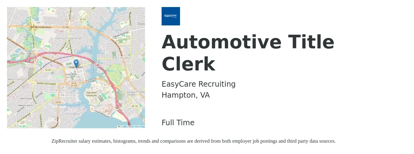 EasyCare Recruiting job posting for a Automotive Title Clerk in Hampton, VA with a salary of $16 to $20 Hourly with a map of Hampton location.