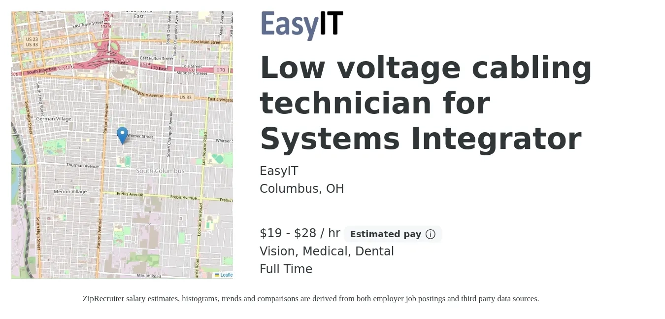 EasyIT job posting for a Low voltage cabling technician for Systems Integrator in Columbus, OH with a salary of $20 to $30 Hourly and benefits including dental, life_insurance, medical, retirement, and vision with a map of Columbus location.
