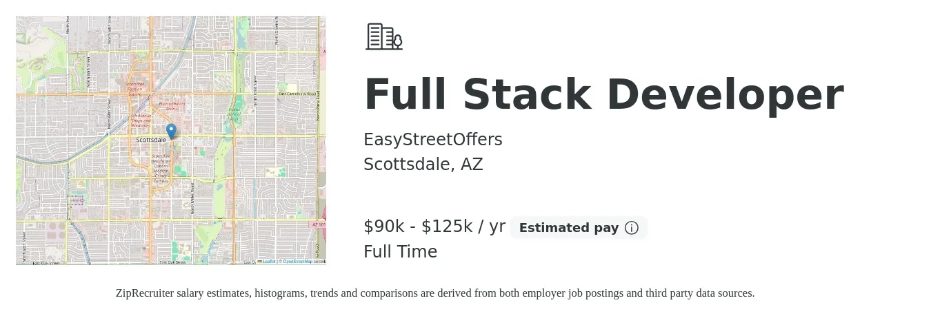 EasyStreetOffers job posting for a Full Stack Developer in Scottsdale, AZ with a salary of $90,000 to $125,000 Yearly with a map of Scottsdale location.