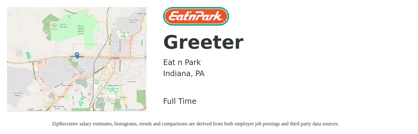 Eat n Park job posting for a Greeter in Indiana, PA with a salary of $13 to $16 Hourly with a map of Indiana location.