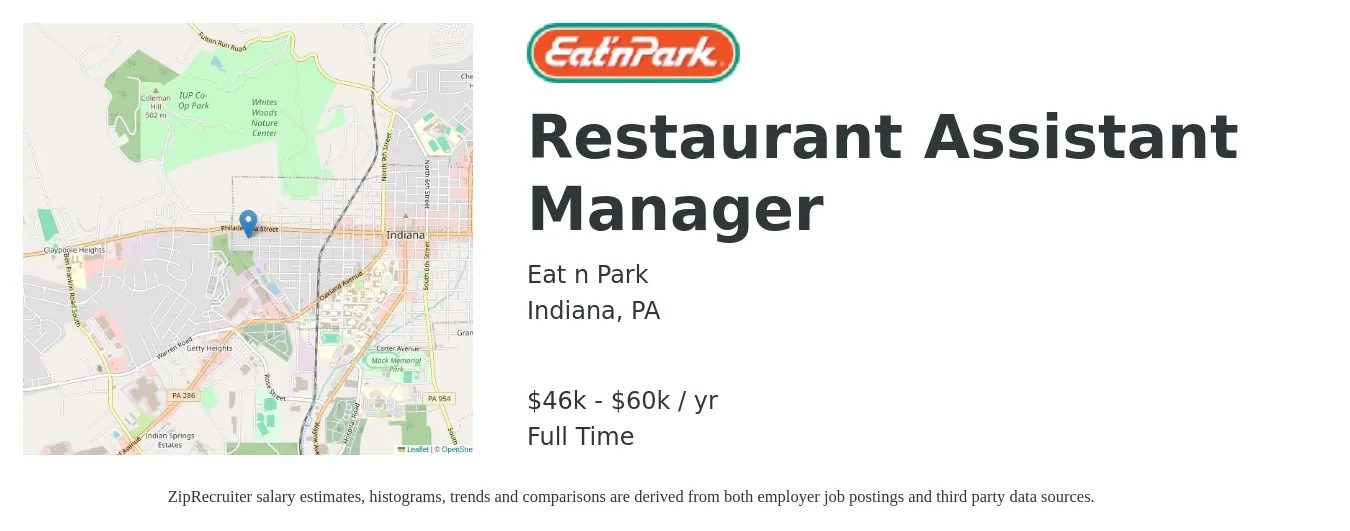 Eat n Park job posting for a Restaurant Assistant Manager in Indiana, PA with a salary of $46,000 to $60,000 Yearly with a map of Indiana location.