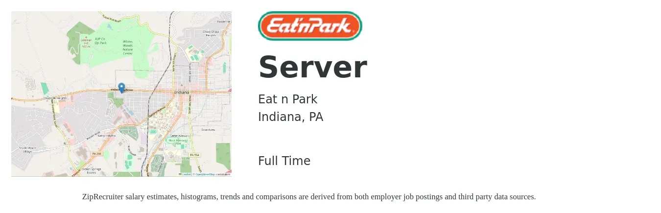 Eat n Park job posting for a Server in Indiana, PA with a salary of $10 to $16 Hourly with a map of Indiana location.