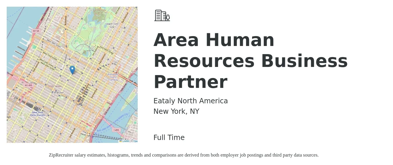 Eataly North America job posting for a Area Human Resources Business Partner in New York, NY with a salary of $100,000 to $130,000 Yearly with a map of New York location.