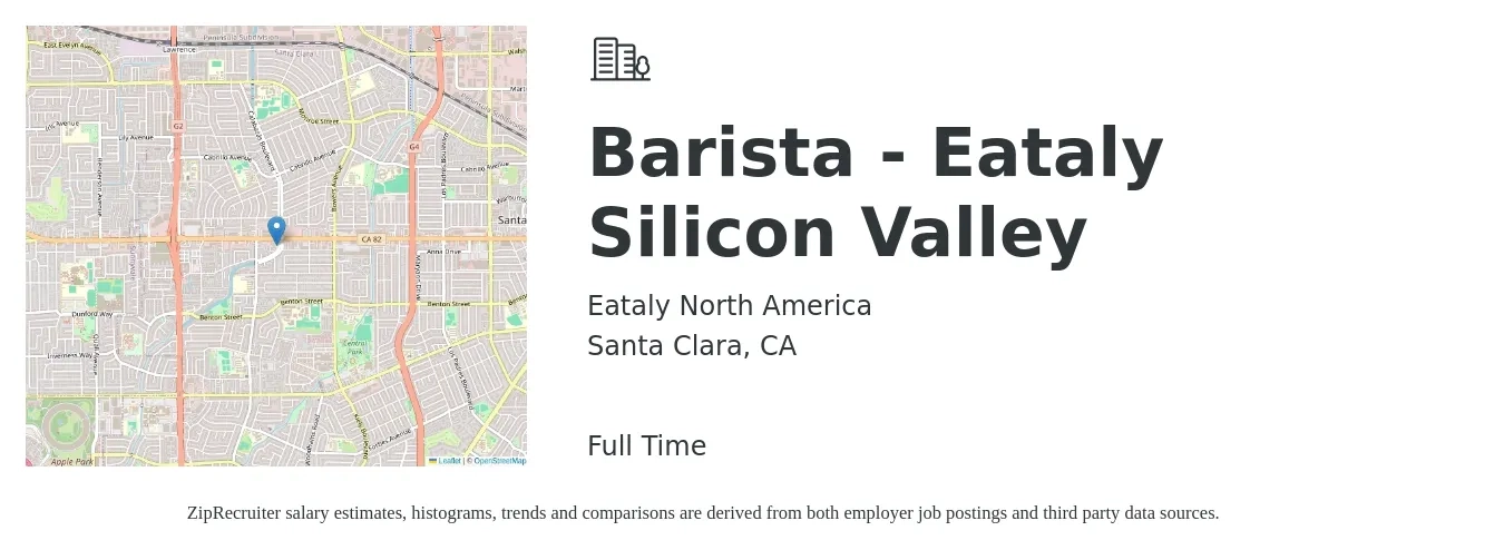 Eataly North America job posting for a Barista - Eataly Silicon Valley in Santa Clara, CA with a salary of $18 Hourly with a map of Santa Clara location.