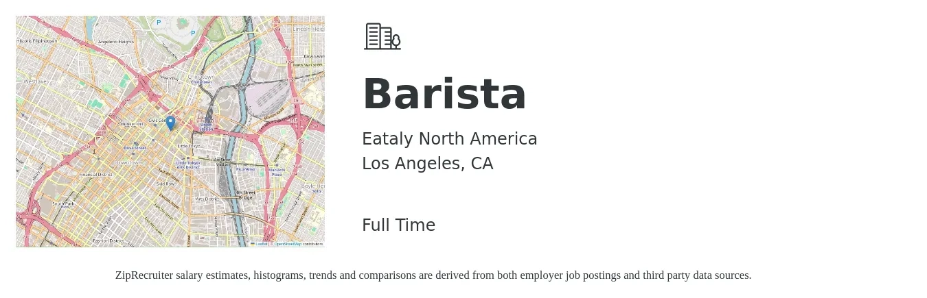Eataly North America job posting for a Barista in Los Angeles, CA with a salary of $16 to $19 Hourly with a map of Los Angeles location.