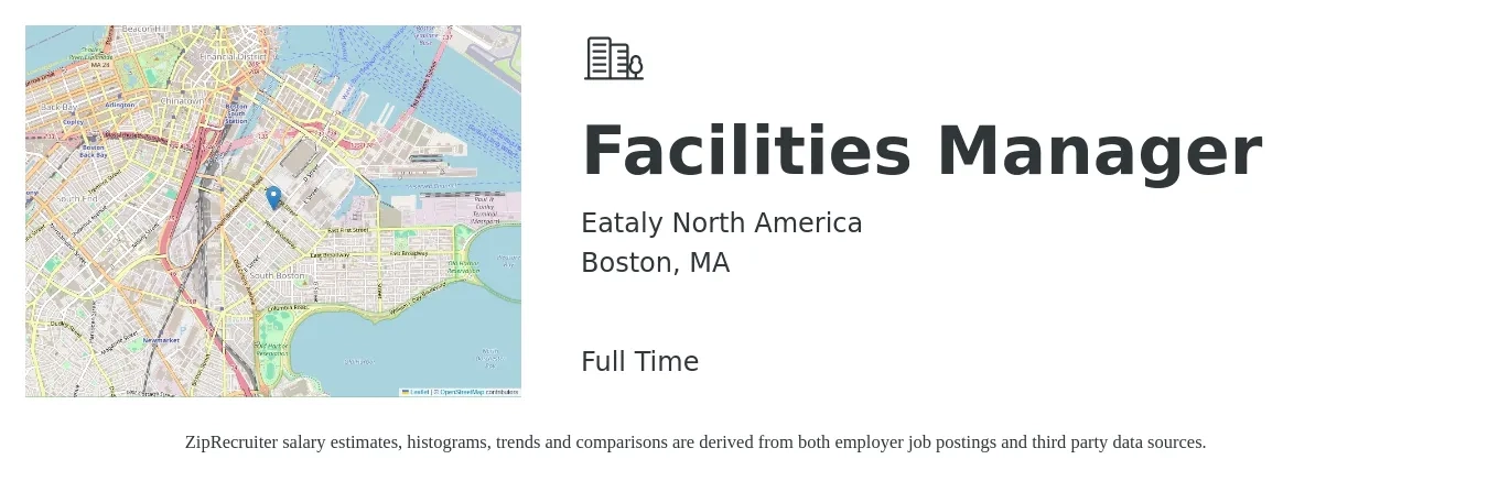 Eataly North America job posting for a Facilities Manager in Boston, MA with a salary of $58,800 to $97,500 Yearly with a map of Boston location.
