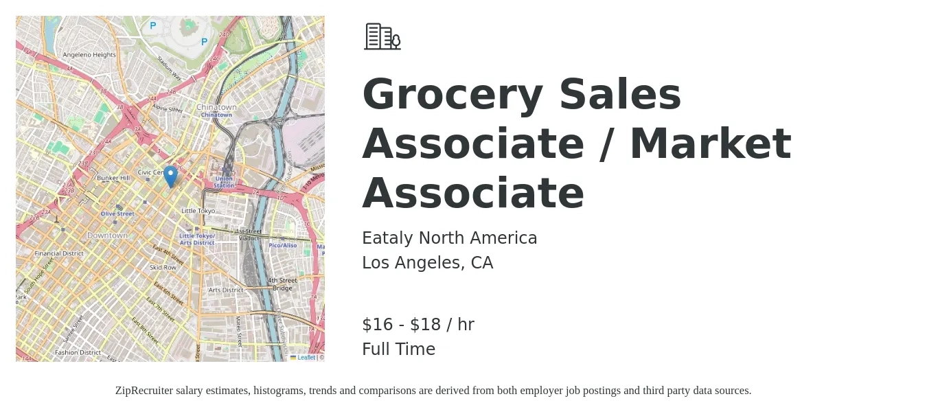 Eataly North America job posting for a Grocery Sales Associate / Market Associate in Los Angeles, CA with a salary of $17 to $19 Hourly with a map of Los Angeles location.