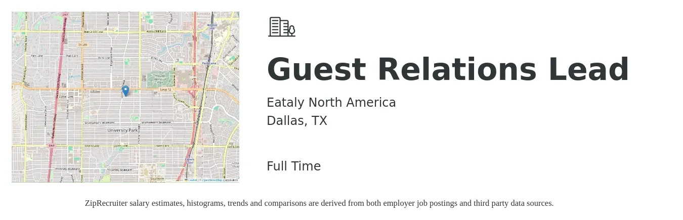 Eataly North America job posting for a Guest Relations Lead in Dallas, TX with a salary of $32,700 to $68,700 Yearly with a map of Dallas location.