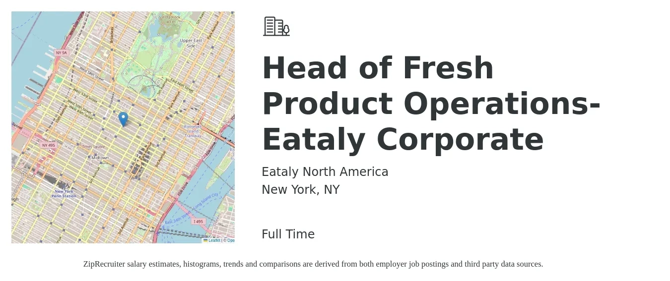 Eataly North America job posting for a Head of Fresh Product Operations- Eataly Corporate in New York, NY with a salary of $90,000 to $115,000 Yearly with a map of New York location.