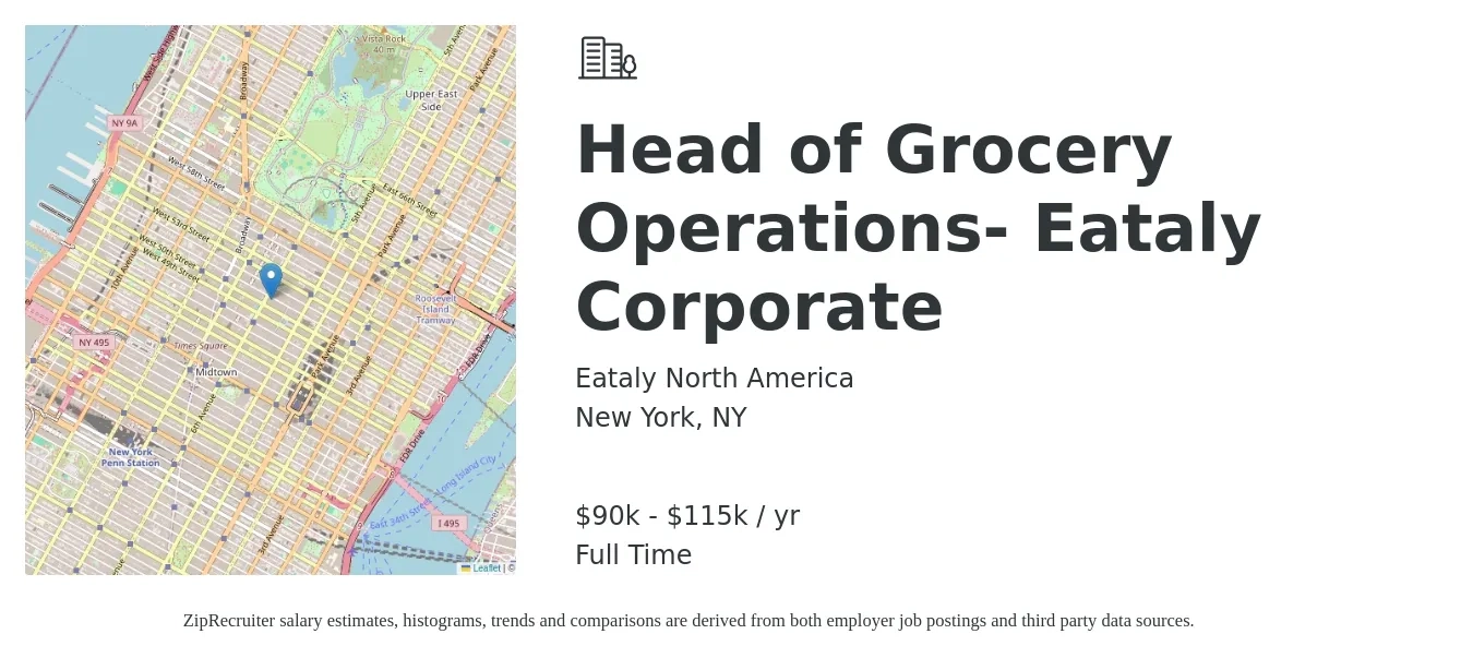 Eataly North America job posting for a Head of Grocery Operations- Eataly Corporate in New York, NY with a salary of $90,000 to $115,000 Yearly with a map of New York location.