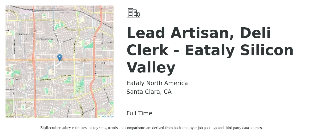 Eataly North America job posting for a Lead Artisan, Deli Clerk - Eataly Silicon Valley in Santa Clara, CA with a salary of $23 to $25 Hourly with a map of Santa Clara location.