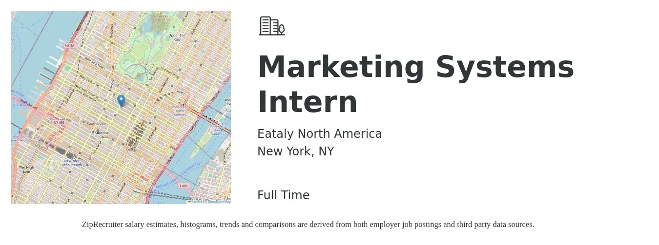 Eataly North America job posting for a Marketing Systems Intern in New York, NY with a salary of $16 Hourly with a map of New York location.
