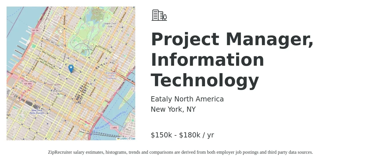 Eataly North America job posting for a Project Manager, Information Technology in New York, NY with a salary of $150,000 to $180,000 Yearly with a map of New York location.