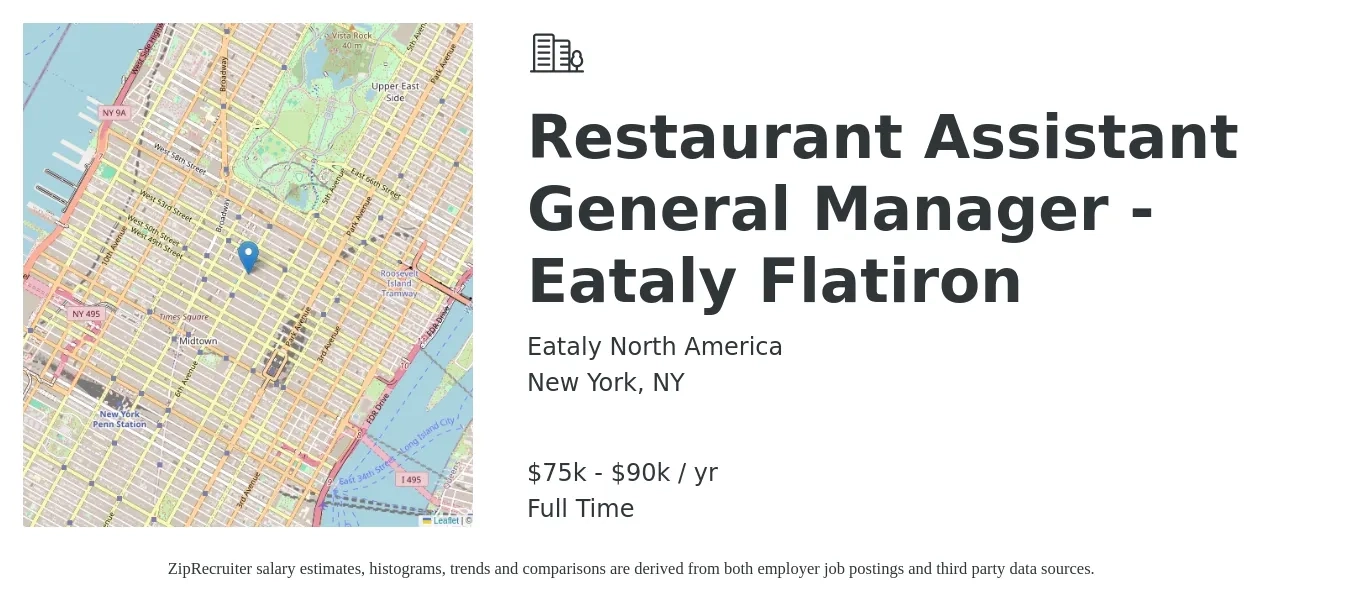 Eataly North America job posting for a Restaurant Assistant General Manager - Eataly Flatiron in New York, NY with a salary of $75,000 to $90,000 Yearly with a map of New York location.