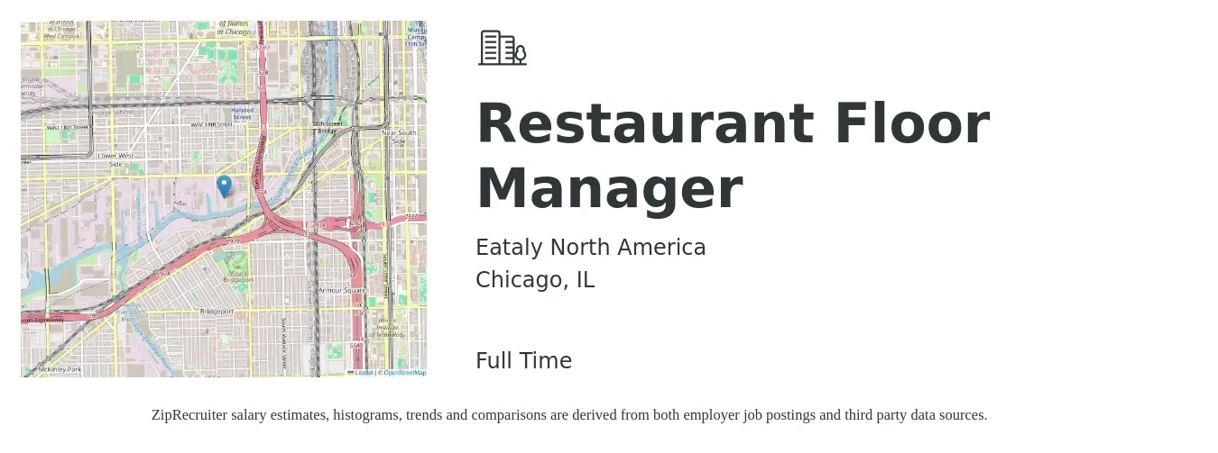 Eataly North America job posting for a Restaurant Floor Manager in Chicago, IL with a salary of $51,500 to $71,100 Yearly with a map of Chicago location.