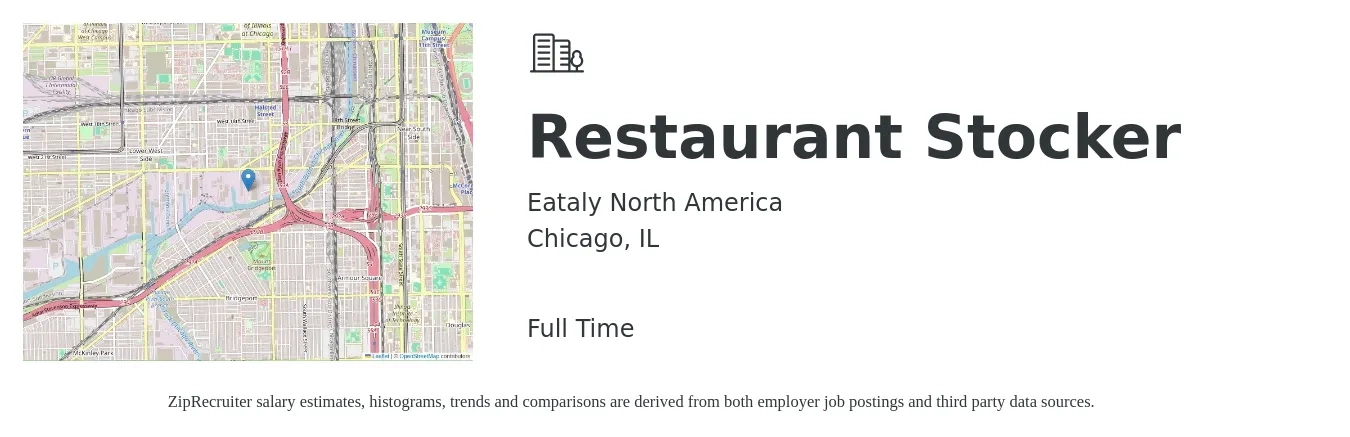 Eataly North America job posting for a Restaurant Stocker in Chicago, IL with a salary of $14 to $18 Hourly with a map of Chicago location.