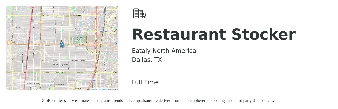 Eataly North America job posting for a Restaurant Stocker in Dallas, TX with a salary of $13 to $16 Hourly with a map of Dallas location.