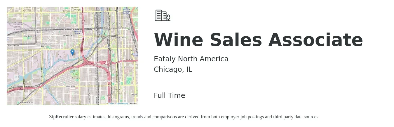 Eataly North America job posting for a Wine Sales Associate in Chicago, IL with a salary of $36,600 to $58,800 Yearly with a map of Chicago location.