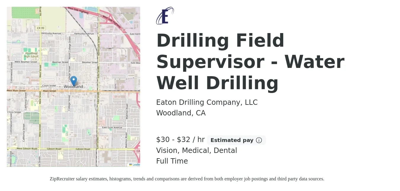 Eaton Drilling Company, LLC job posting for a Drilling Field Supervisor - Water Well Drilling in Woodland, CA with a salary of $32 to $34 Hourly and benefits including dental, life_insurance, medical, pto, retirement, and vision with a map of Woodland location.
