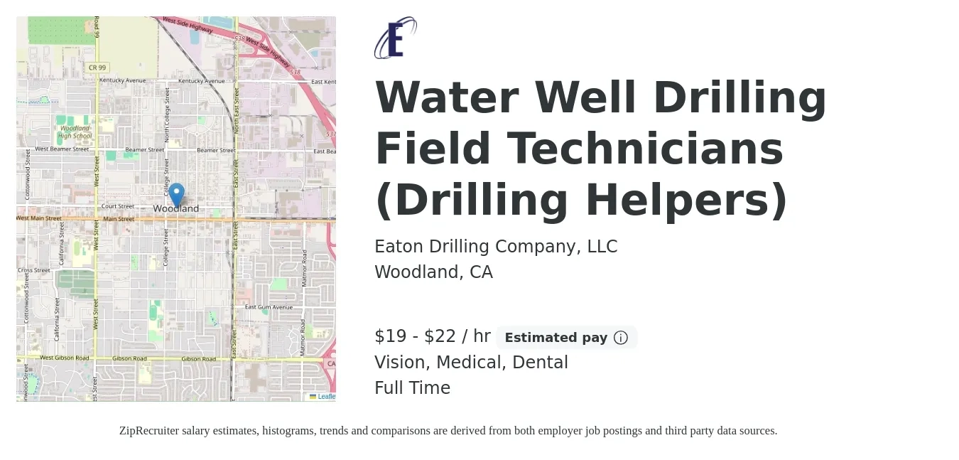 Eaton Drilling Company, LLC job posting for a Water Well Drilling Field Technicians (Drilling Helpers) in Woodland, CA with a salary of $20 to $23 Hourly and benefits including dental, life_insurance, medical, pto, retirement, and vision with a map of Woodland location.