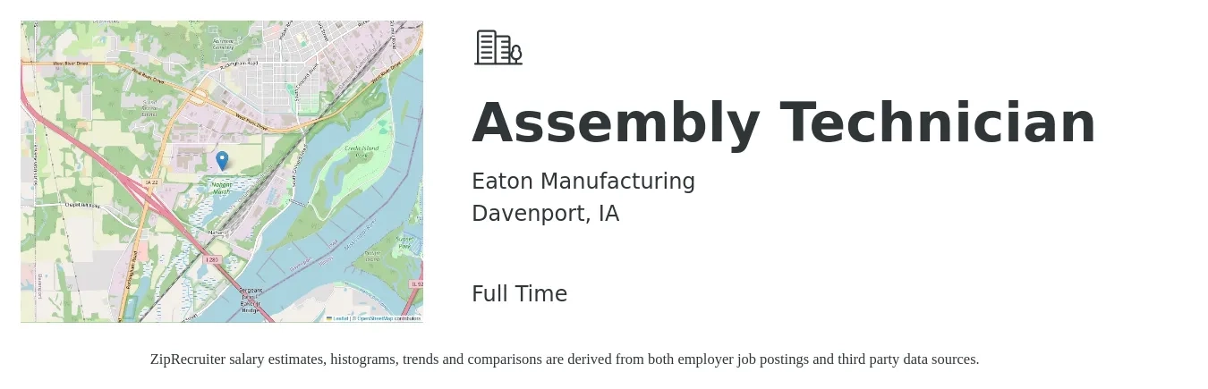 Eaton Manufacturing job posting for a Assembly Technician in Davenport, IA with a salary of $27 Hourly with a map of Davenport location.
