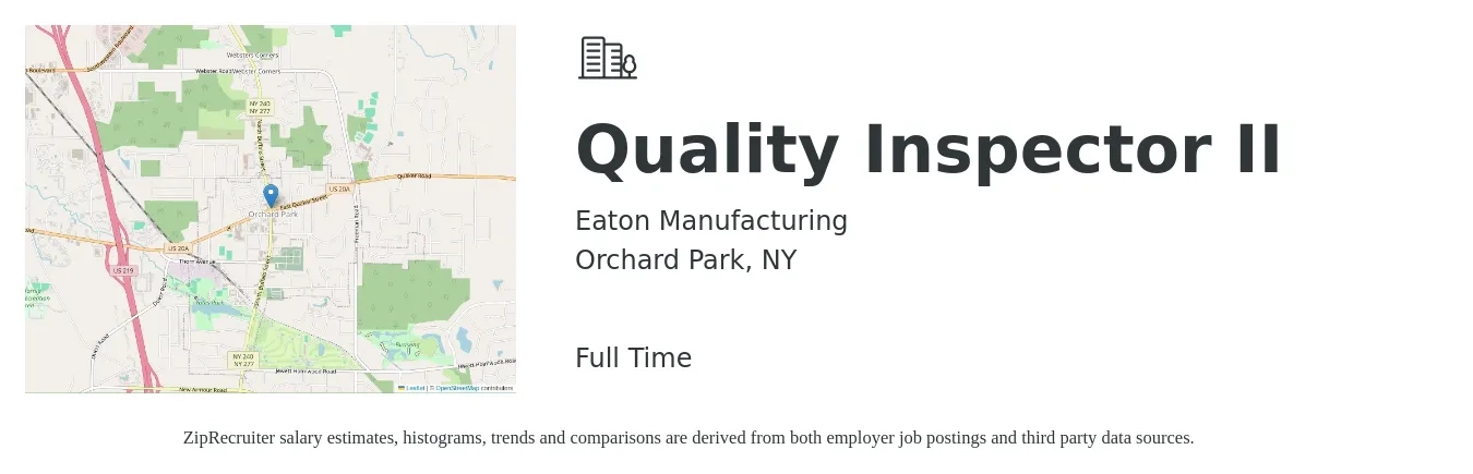 Eaton Manufacturing job posting for a Quality Inspector II in Orchard Park, NY with a salary of $24 to $26 Hourly with a map of Orchard Park location.