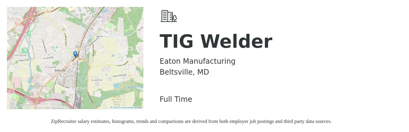Eaton Manufacturing job posting for a TIG Welder in Beltsville, MD with a salary of $32 to $35 Hourly with a map of Beltsville location.
