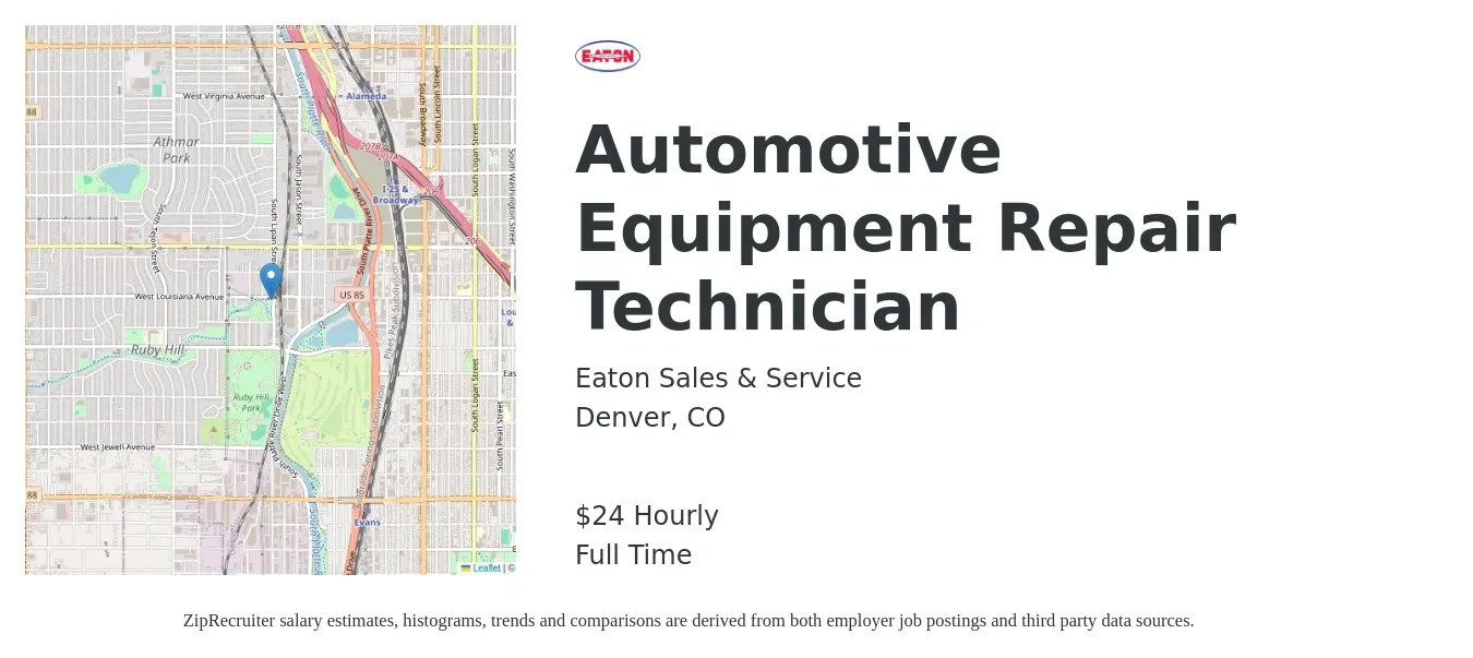 Eaton Sales & Service job posting for a Automotive Equipment Repair Technician in Denver, CO with a salary of $25 Hourly with a map of Denver location.