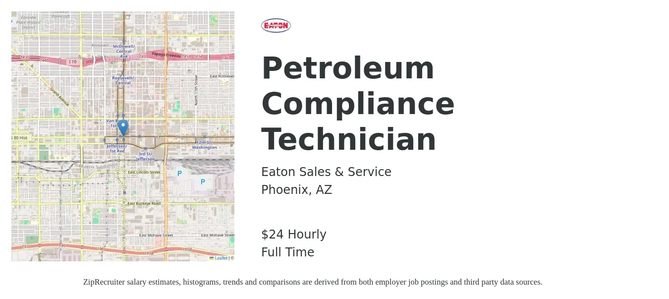 Eaton Sales & Service job posting for a Petroleum Compliance Technician in Phoenix, AZ with a salary of $23 Hourly with a map of Phoenix location.