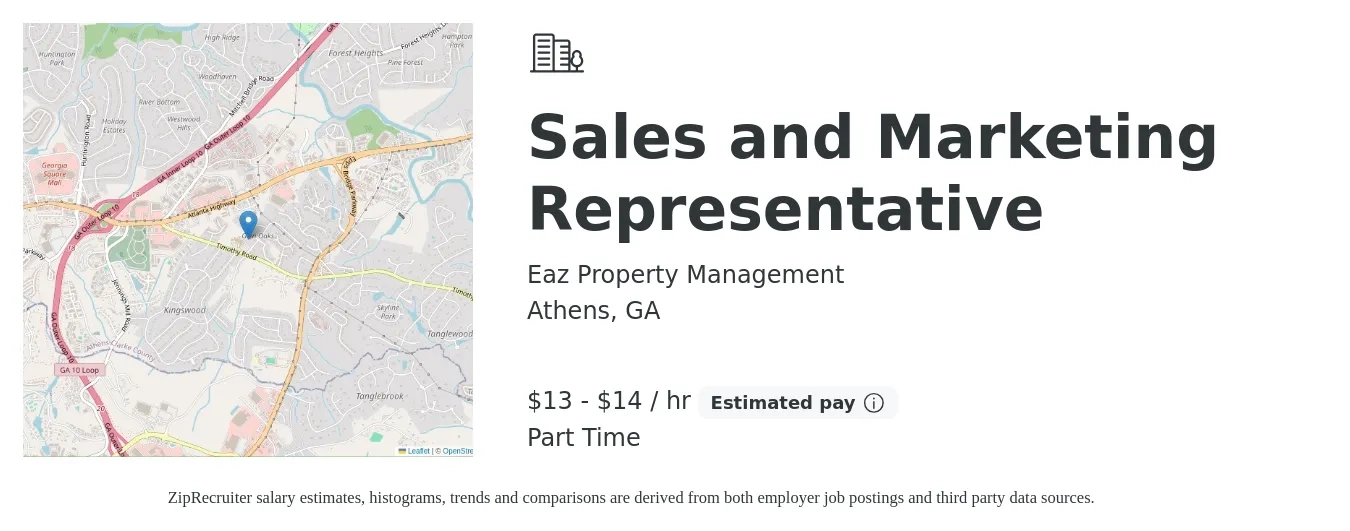 Eaz Property Management job posting for a Sales and Marketing Representative in Athens, GA with a salary of $14 to $15 Hourly with a map of Athens location.