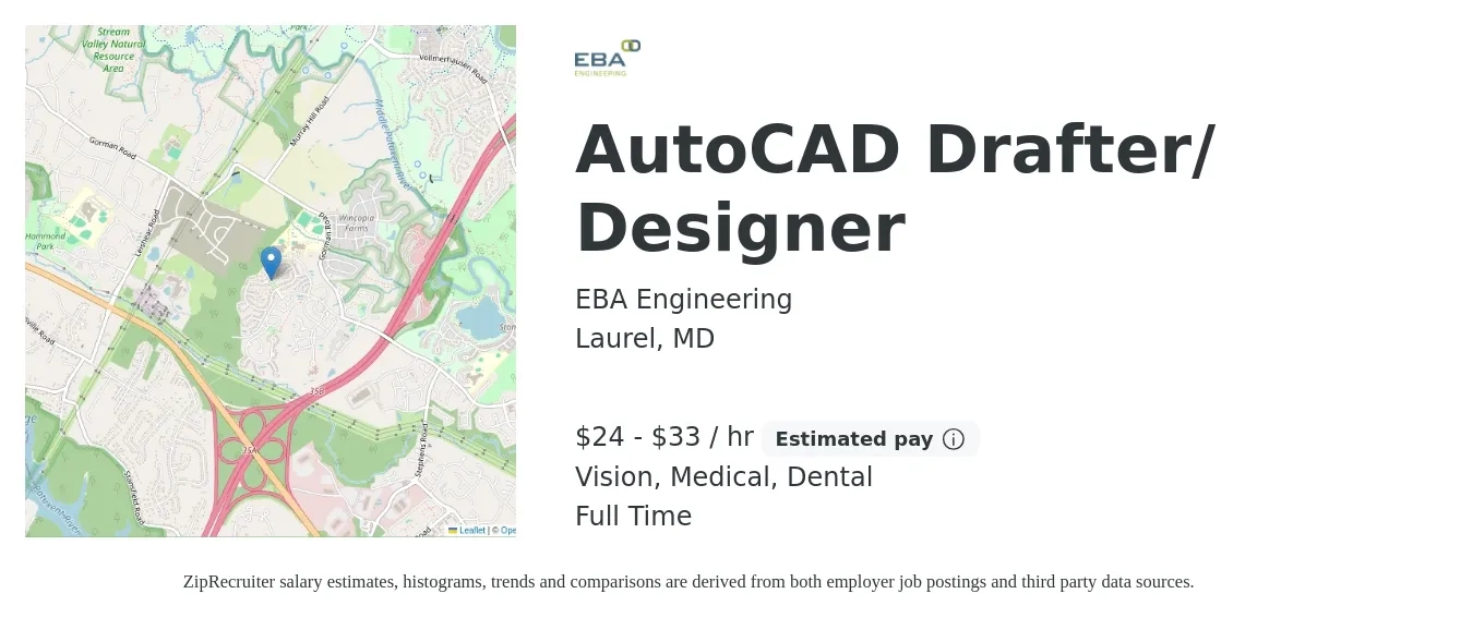 EBA Engineering Inc. job posting for a AutoCAD Drafter/ Designer in Laurel, MD with a salary of $25 to $35 Hourly and benefits including dental, life_insurance, medical, pto, and vision with a map of Laurel location.