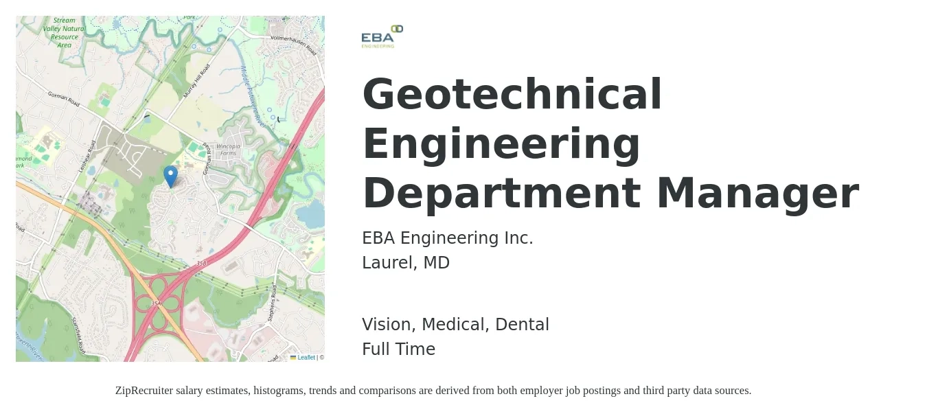EBA Engineering job posting for a Geotechnical Engineering Department Manager in Laurel, MD with a salary of $80,700 to $130,000 Yearly with a map of Laurel location.