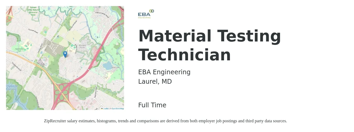 EBA Engineering job posting for a Material Testing Technician in Laurel, MD with a salary of $20 to $26 Hourly with a map of Laurel location.