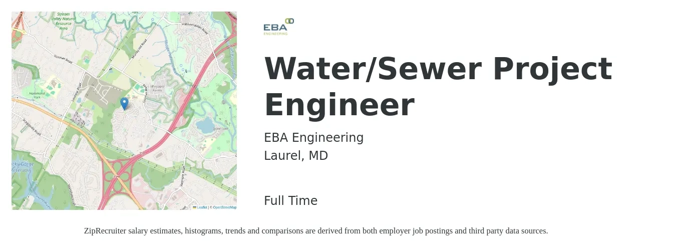 EBA Engineering job posting for a Water/Sewer Project Engineer in Laurel, MD with a salary of $40 to $50 Hourly with a map of Laurel location.